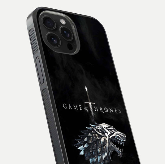 Throne Wolf Legacy Glass Case for iPhone 16 Pro Max close-up angled shot highlighting fur texture and reflection