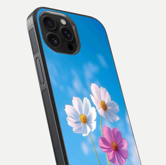 Triple Flowers With Sky Glass Case for iPhone 16 Pro Max close-up angled shot highlighting petal and reflection details