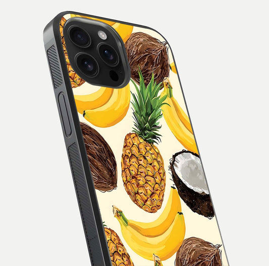 Tropical Fruit Mood Glass Case for iPhone 16 Pro Max close-up angled shot highlighting fruit texture and reflection