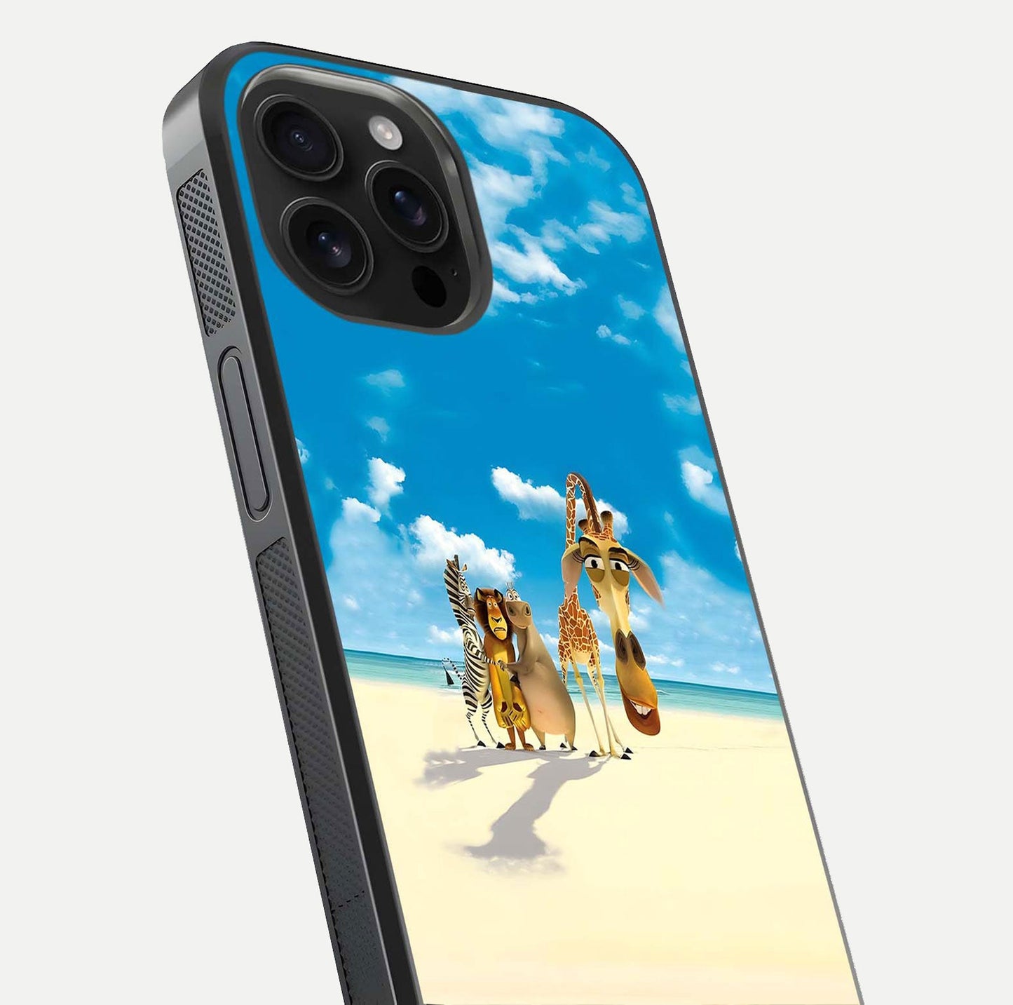 Tropical Fun Squad Glass Case for iPhone 16 Pro Max close-up angled shot highlighting vibrant tones and texture