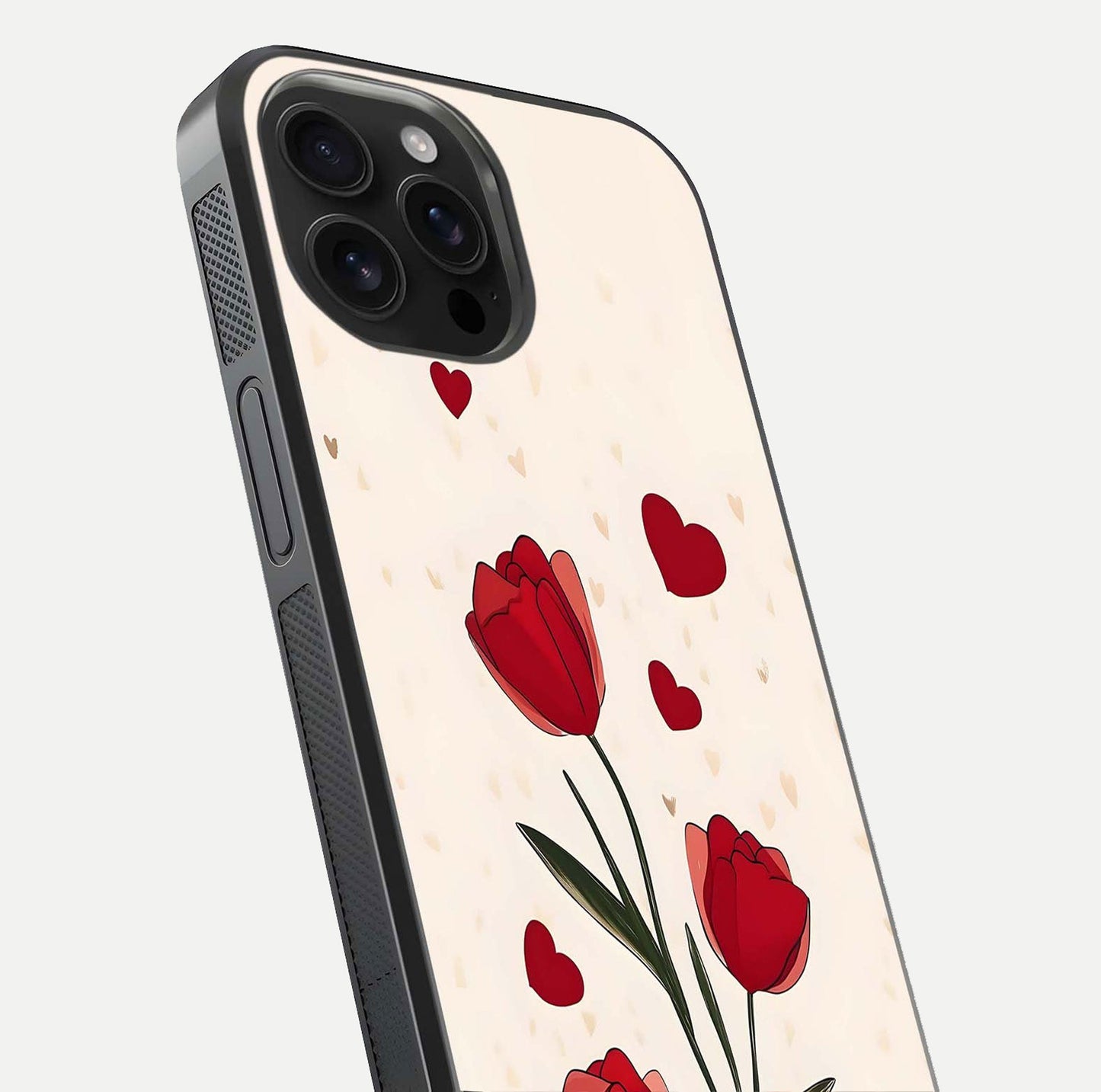 Tulip With Heart Glass Case for iPhone 16 Pro Max close-up angled shot highlighting petal details and reflection