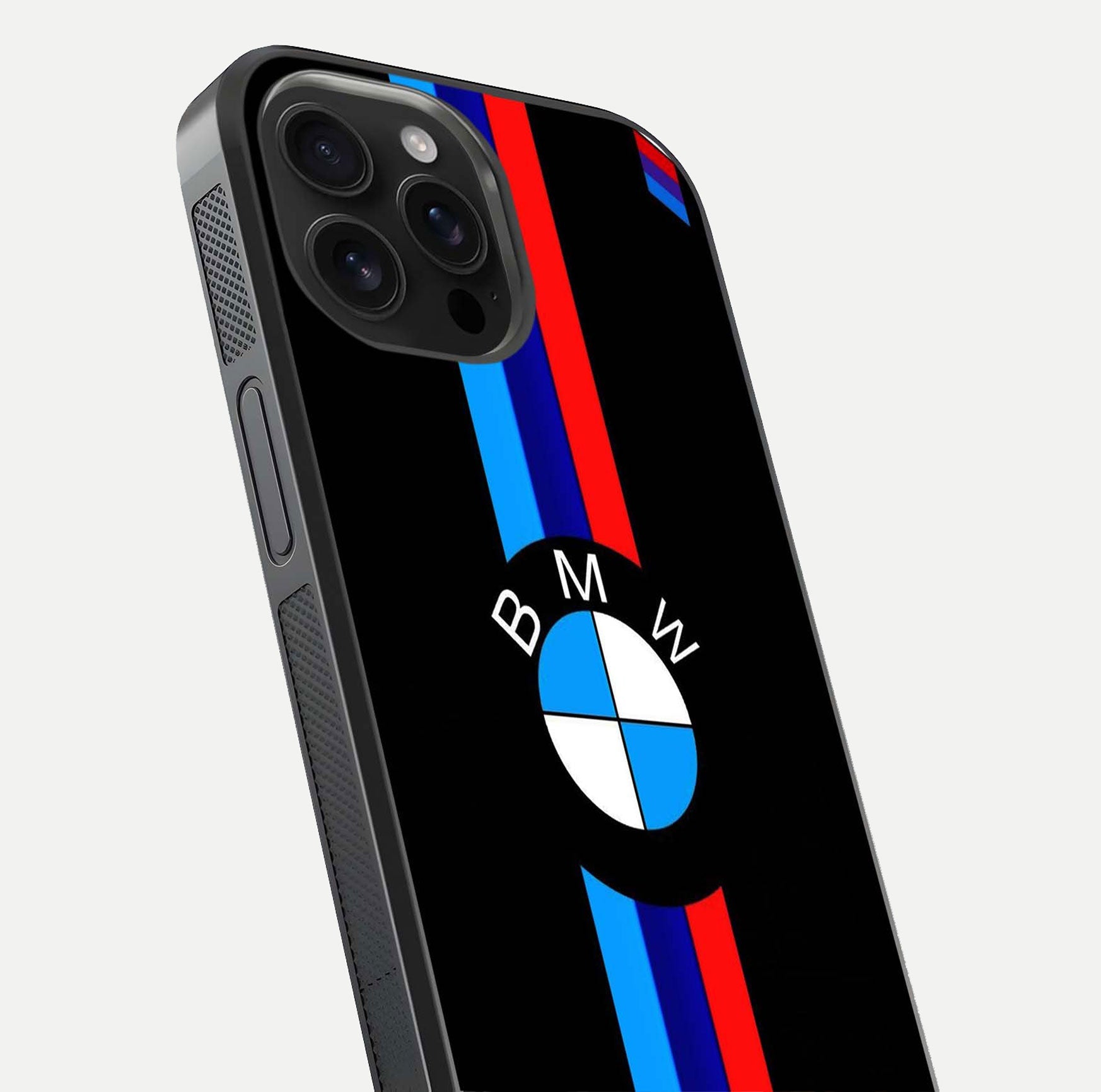 Turbo BMW Beast Glass Case for iPhone 16 Pro Max close-up angled shot highlighting car detailing and reflection