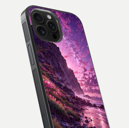 Twilight Blossom Coast Glass Case for iPhone 16 Pro Max close-up angled shot highlighting gradient sky and reflection