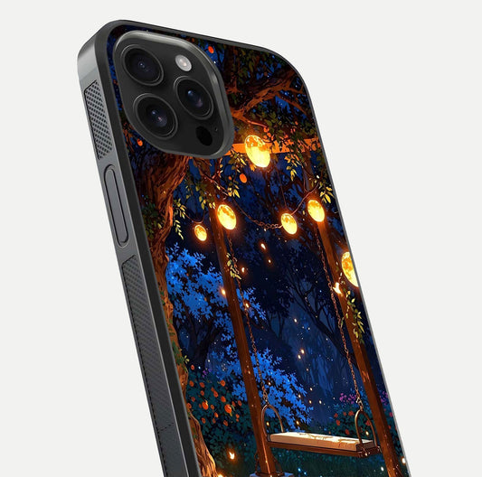 Twilight Garden Swing Glass Case for iPhone 16 Pro Max close-up angled shot highlighting floral tones and reflection