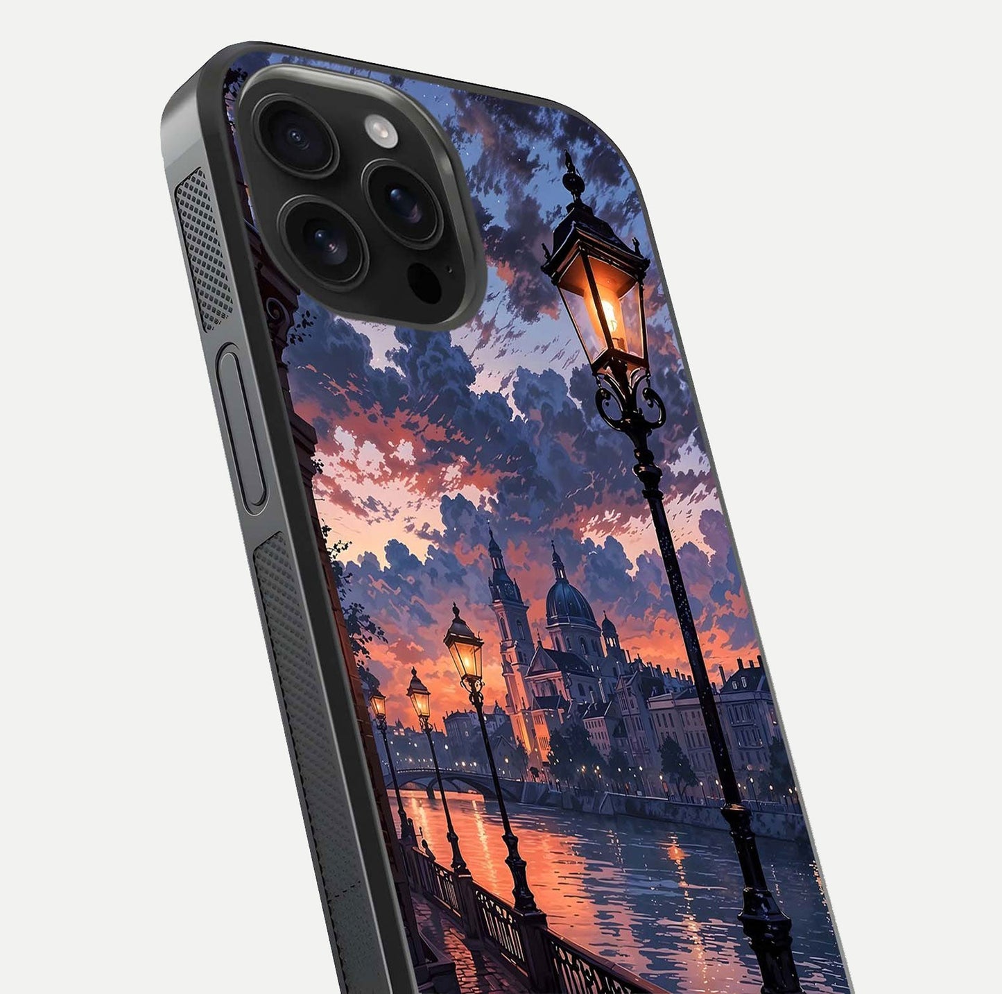 Twilight River Lights Glass Case for iPhone 16 Pro Max close-up angled shot highlighting river reflections and color tones