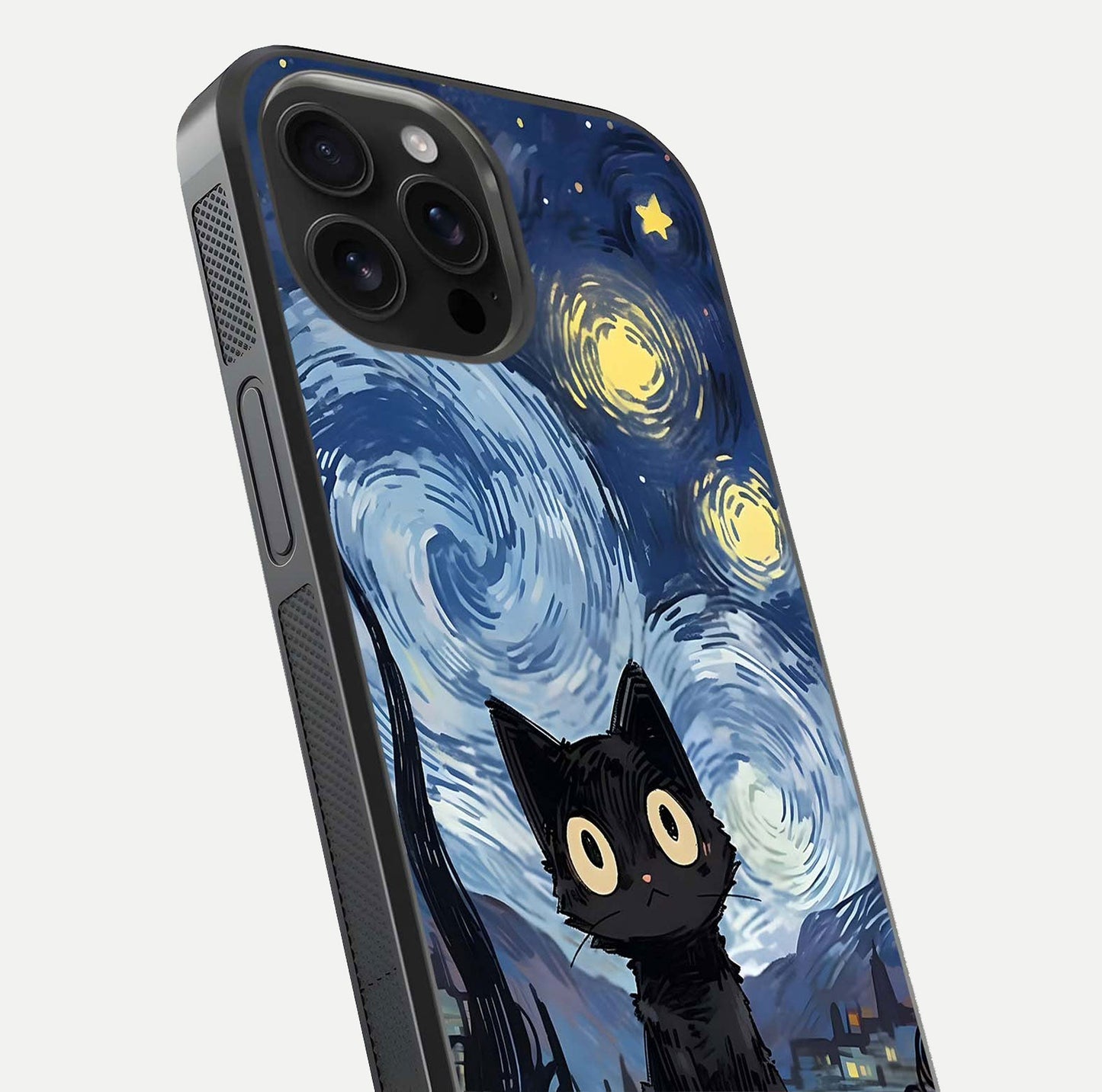 Van Gogh Cat Glass Case for iPhone 16 Pro Max close-up angled shot highlighting brushstroke texture and reflection