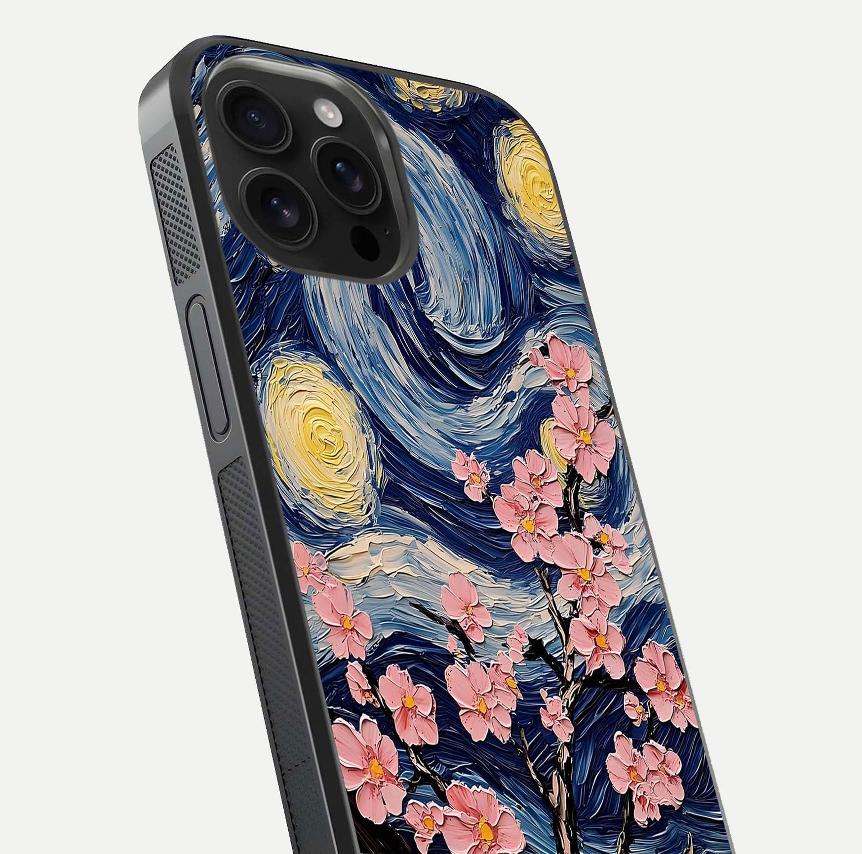 Van Gogh Scenery Glass Case for iPhone 16 Pro Max close-up angled shot highlighting brushwork texture and color depth