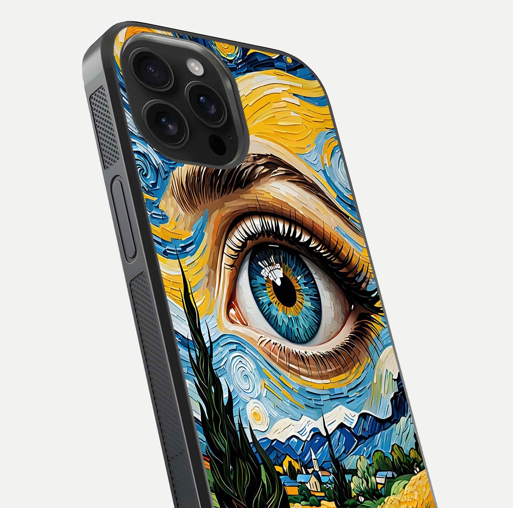 Van Gogh Eye Glass Case for iPhone 16 Pro Max close-up angled shot highlighting color blend and gloss reflection