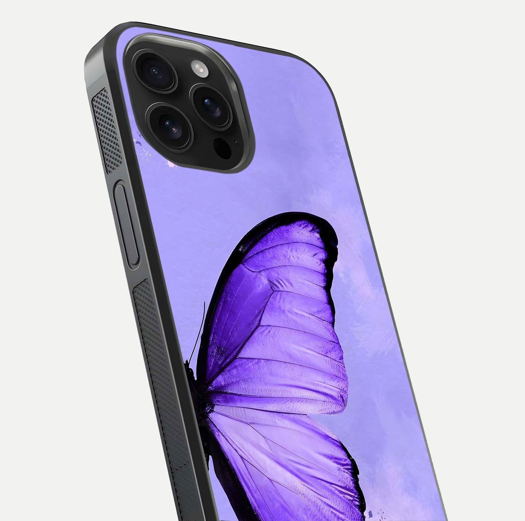 Violet Dream Wing Glass Case for iPhone 16 Pro Max close-up angled shot highlighting wing texture and reflection