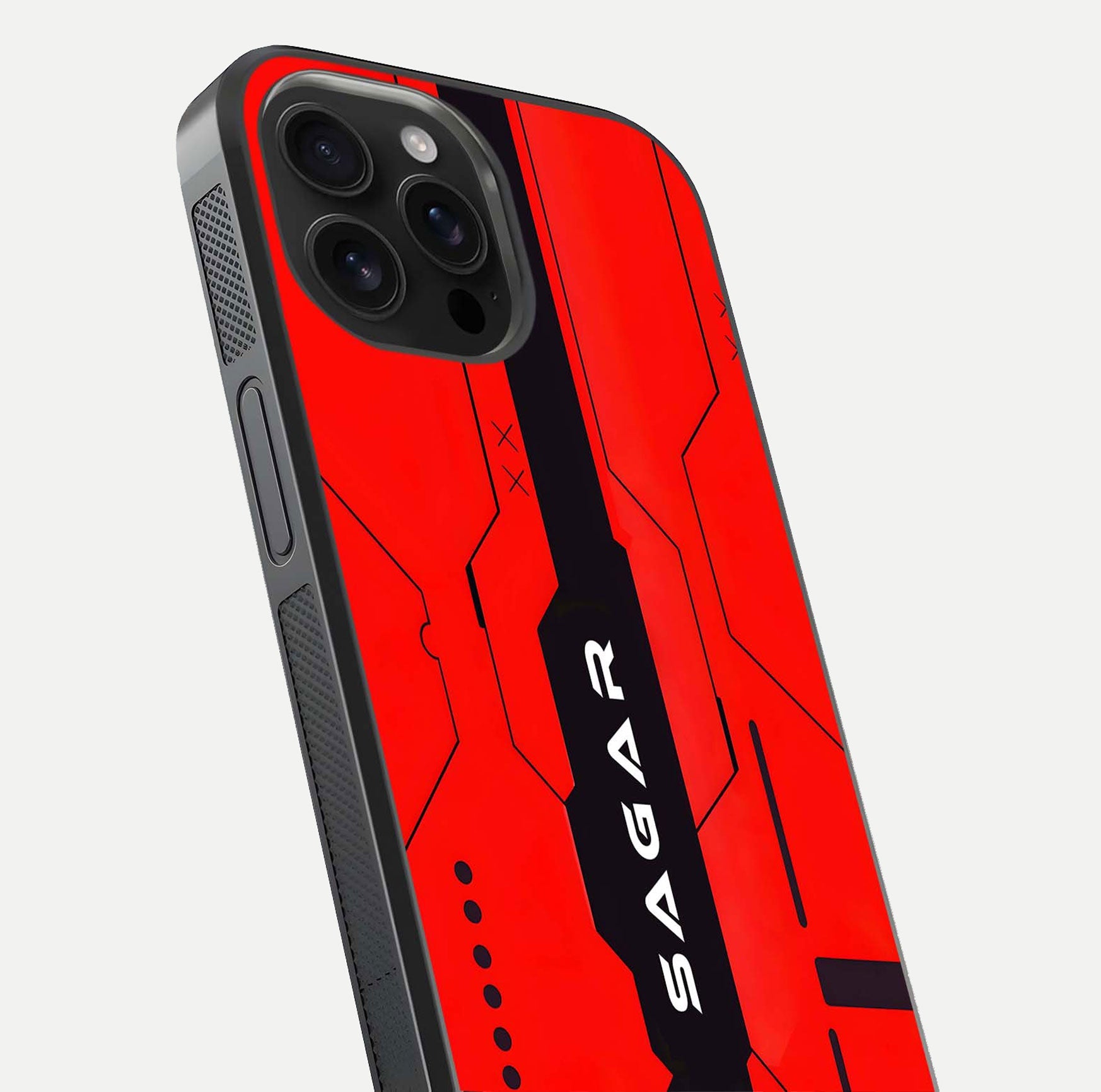 Voltage Rise CYBERPUNK Custom Name Glass Case for iPhone 16 Pro Max close-up angled shot highlighting neon glow and reflection