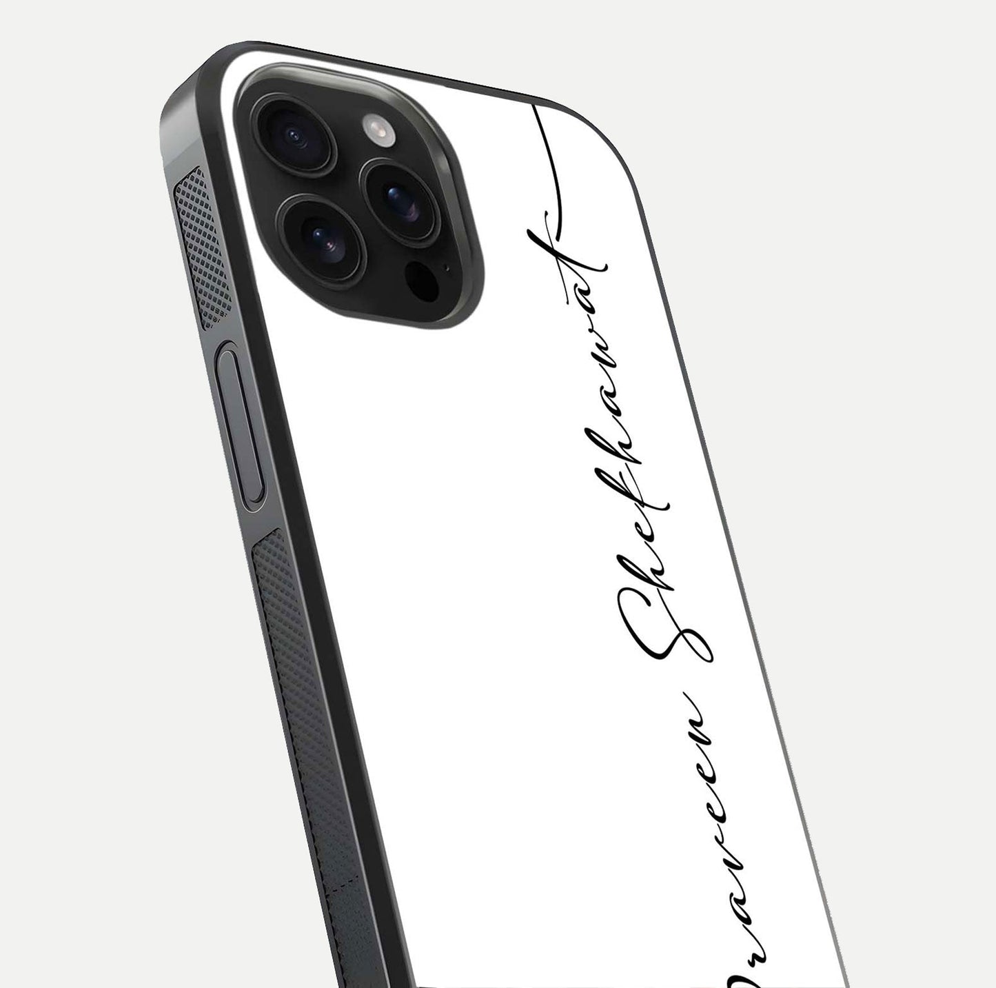 White Tune Custom Name Glass Case for iPhone 16 Pro Max close-up angled shot highlighting gloss reflection and texture
