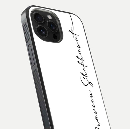 White Tune Custom Name Glass Case for iPhone 16 Pro Max close-up angled shot highlighting gloss reflection and texture