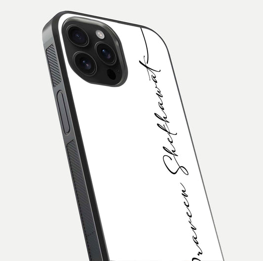White Tune Custom Name Glass Case for iPhone 16 Pro Max close-up angled shot highlighting gloss reflection and texture