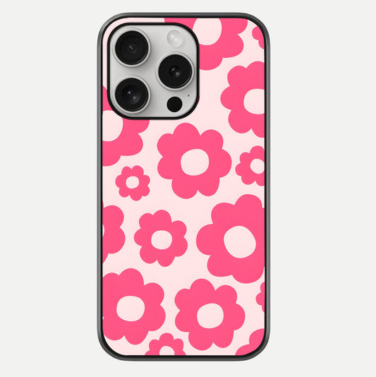 Blush Flower Pop iPhone 16 Pro glass phone case front view featuring playful blush floral artwork with glossy finish