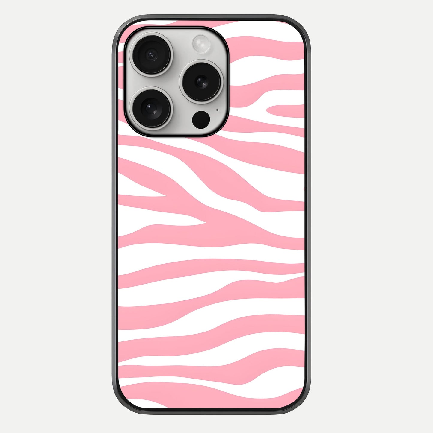 Blush Zebra Flow iPhone 16 Pro glass phone case front view featuring modern zebra flow pattern in blush tones