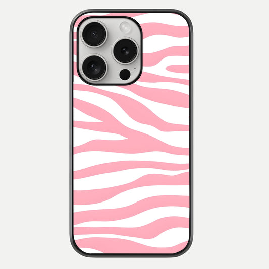Blush Zebra Flow iPhone 16 Pro glass phone case front view featuring modern zebra flow pattern in blush tones