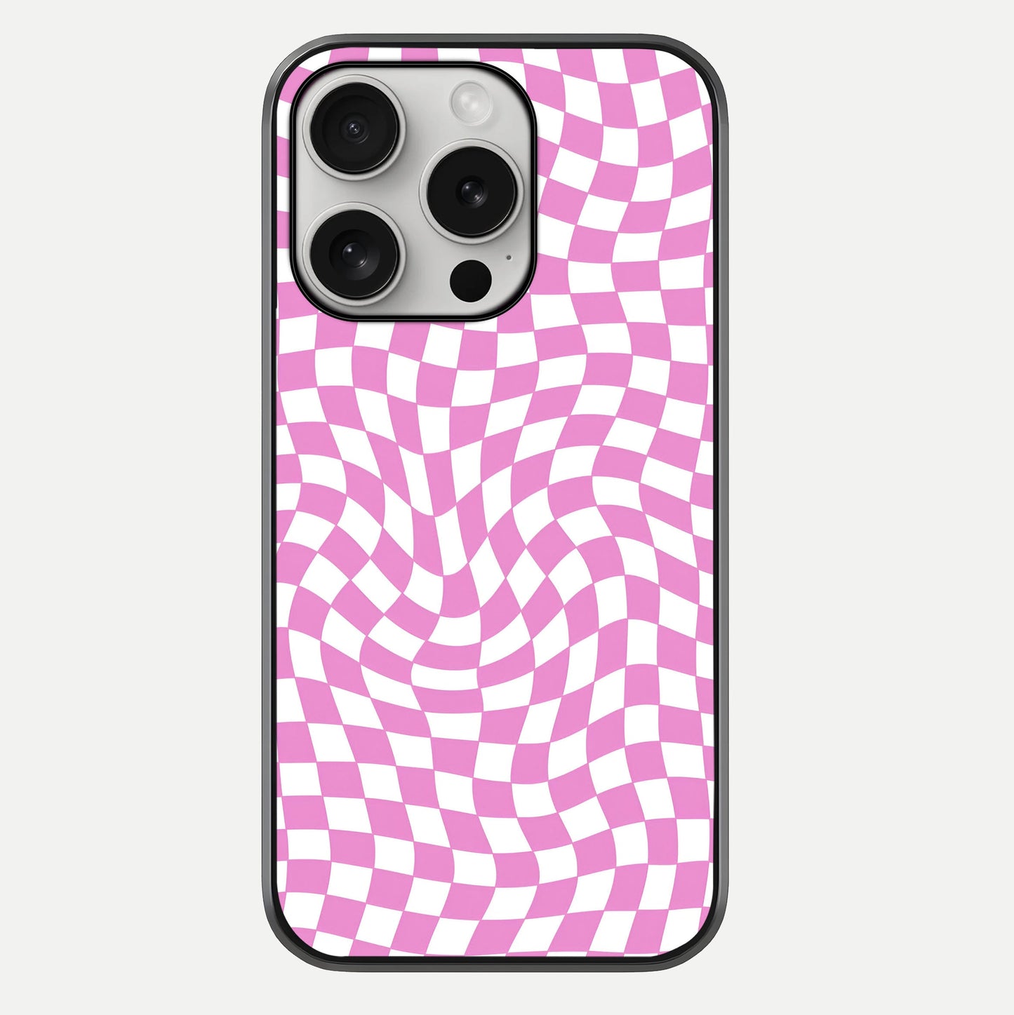 Bubblegum Check Wave iPhone 16 Pro glass phone case front view showcasing playful bubblegum check wave pattern with glossy finish