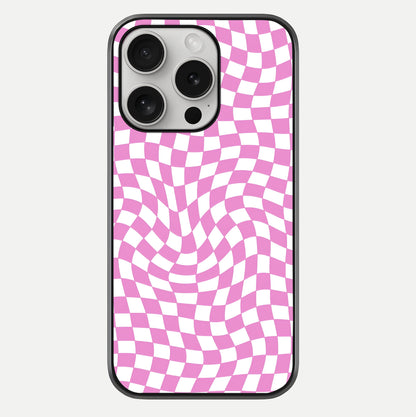 Bubblegum Check Wave iPhone 16 Pro glass phone case front view showcasing playful bubblegum check wave pattern with glossy finish