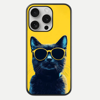 Cool Cat Vibes iPhone 16 Pro glass phone case front view featuring playful cat illustration with cool aesthetic tones