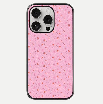 Cosmic Pink Sparkle iPhone 16 Pro glass phone case front view showcasing shimmering pink cosmic artwork with glossy finish