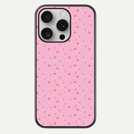 Cosmic Pink Sparkle iPhone 16 Pro glass phone case front view showcasing shimmering pink cosmic artwork with glossy finish