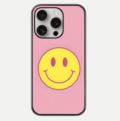 Happy Pink Mood iPhone 16 Pro glass phone case front view featuring cheerful pink tones and playful aesthetic design