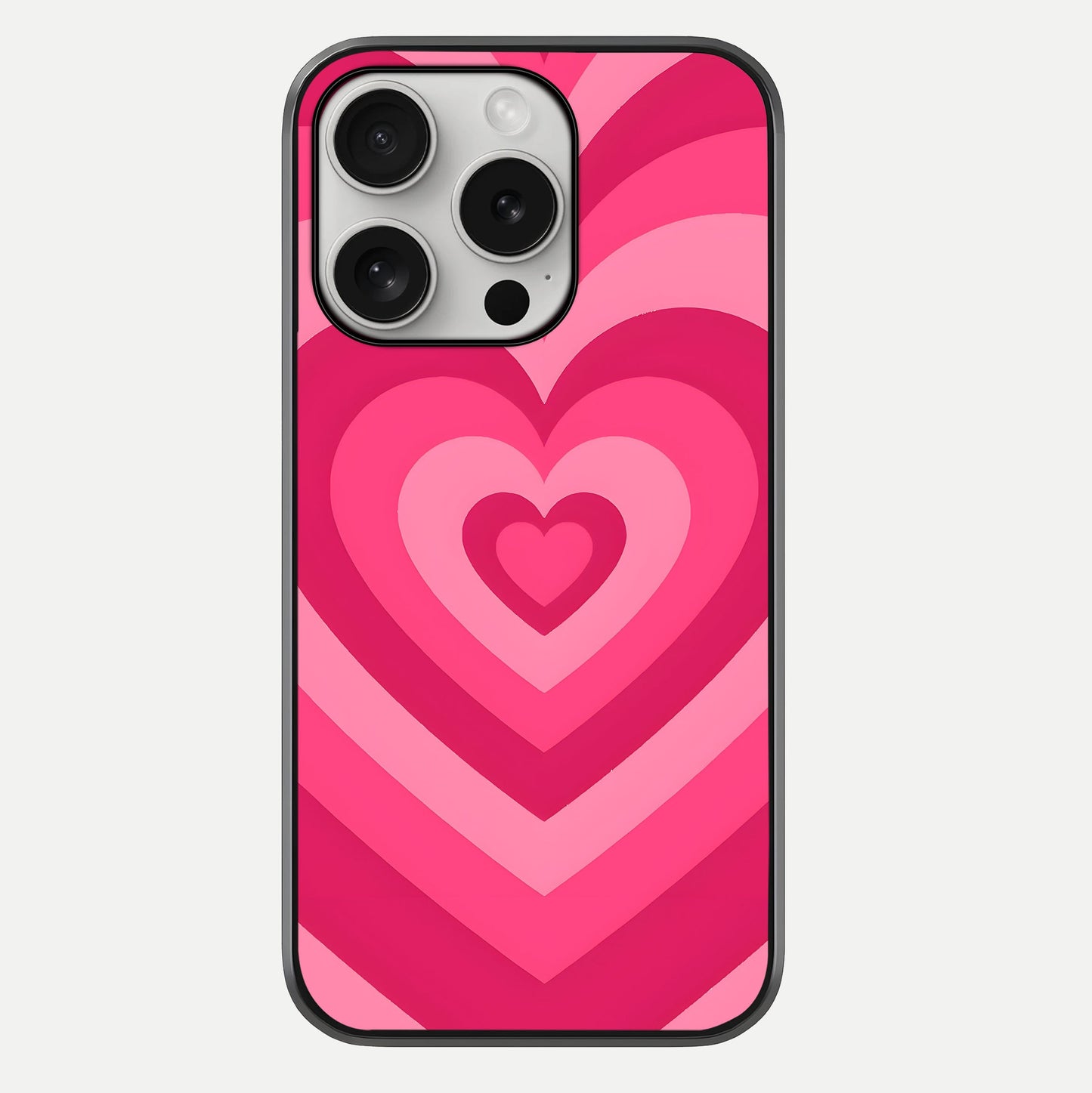 Layered Love Hearts iPhone 16 Pro glass phone case front view showcasing layered heart patterns with romantic aesthetic