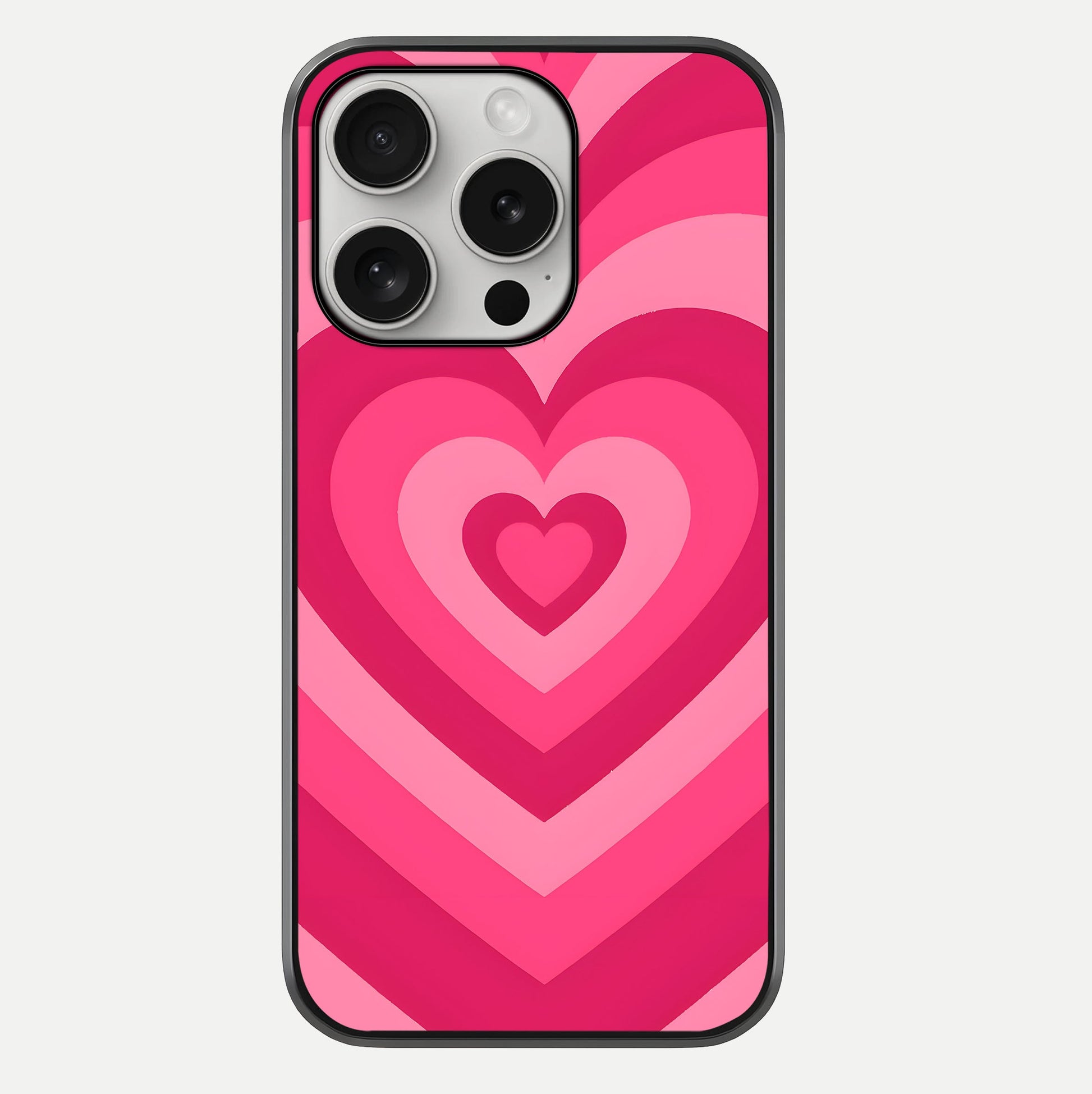 Layered Love Hearts iPhone 16 Pro glass phone case front view showcasing layered heart patterns with romantic aesthetic