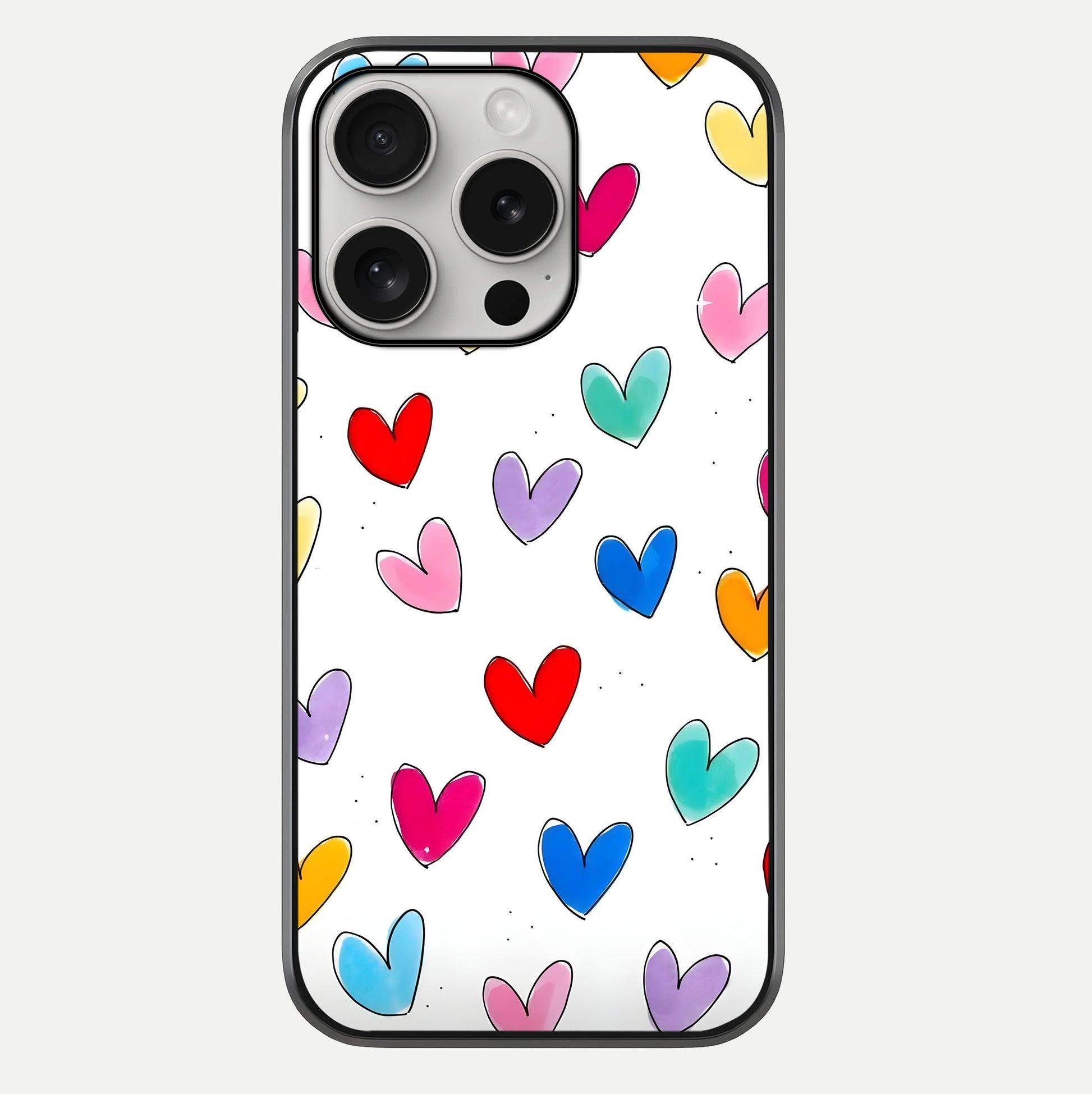 Playful Love Doodles iPhone 16 Pro glass phone case front view featuring cute love doodle illustrations with fun vibe