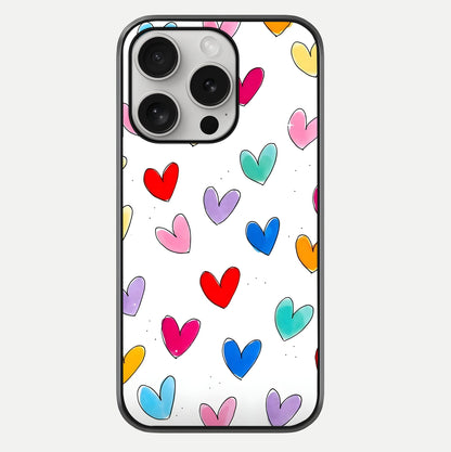 Playful Love Doodles iPhone 16 Pro glass phone case front view featuring cute love doodle illustrations with fun vibe
