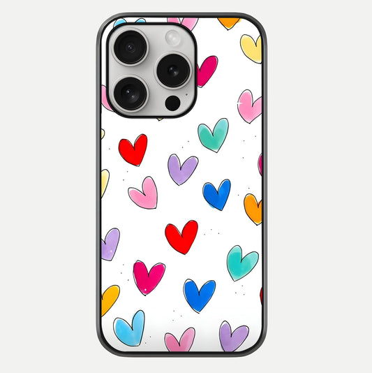 Playful Love Doodles iPhone 16 Pro glass phone case front view featuring cute love doodle illustrations with fun vibe