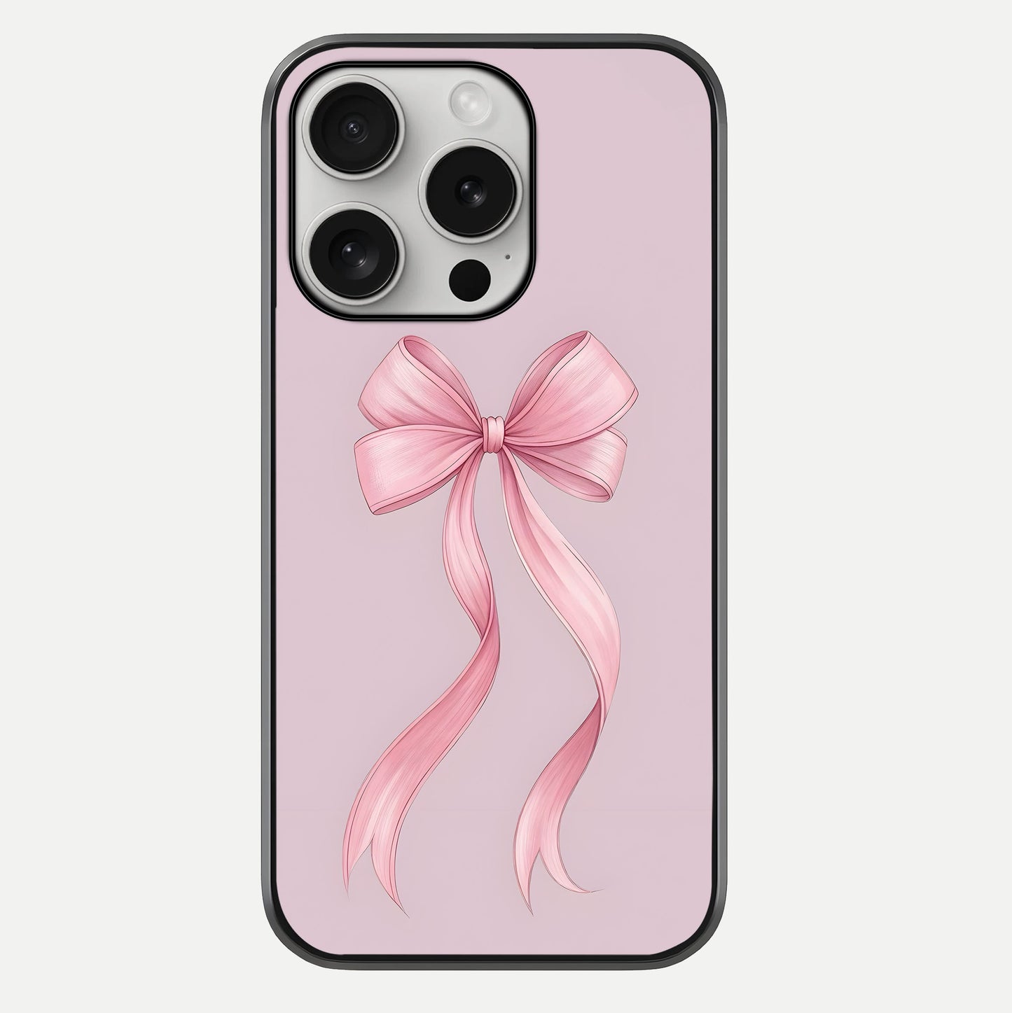 Soft Blush Bow iPhone 16 Pro glass phone case front view showcasing soft blush tones with elegant bow design