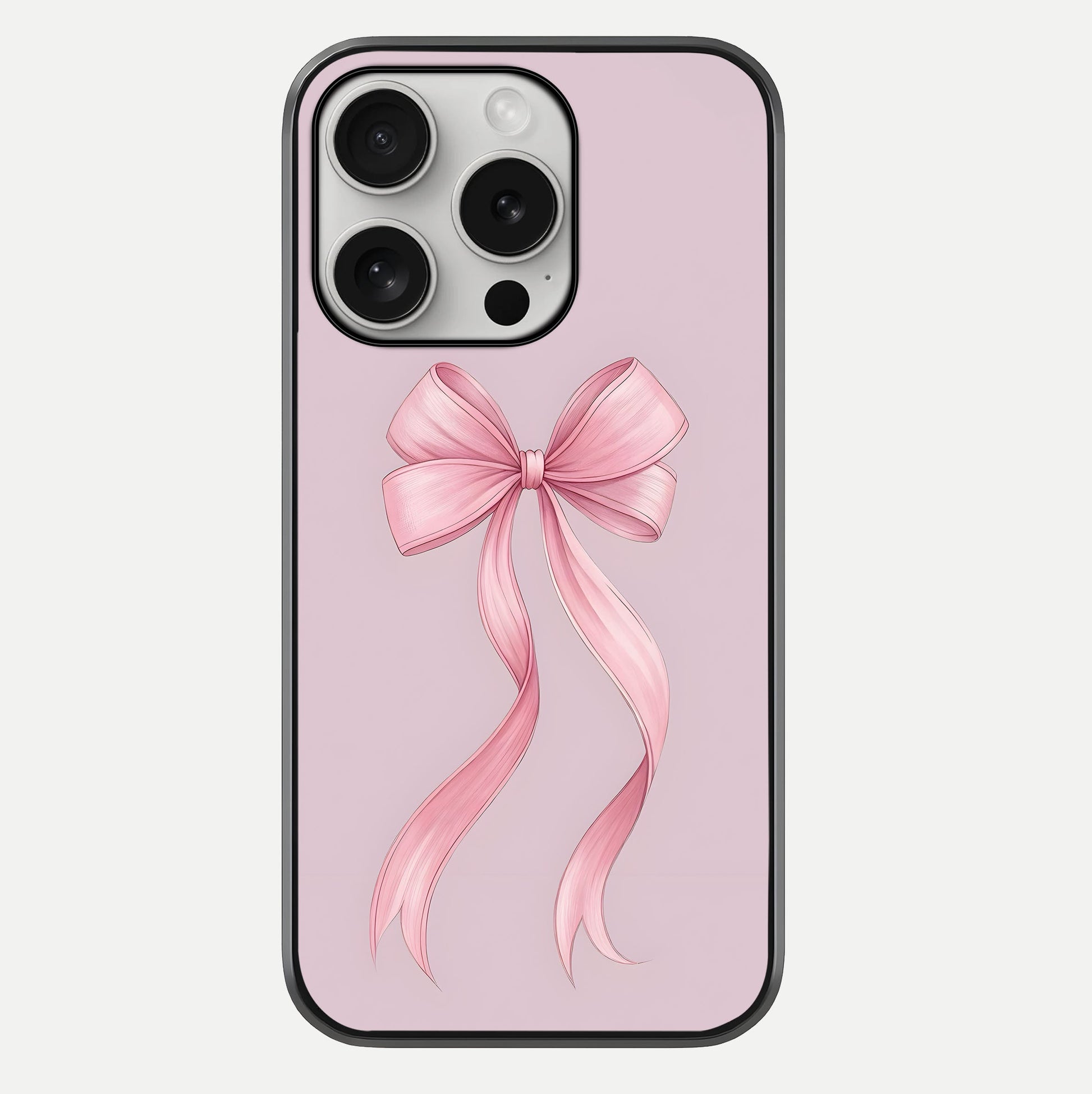 Soft Blush Bow iPhone 16 Pro glass phone case front view showcasing soft blush tones with elegant bow design