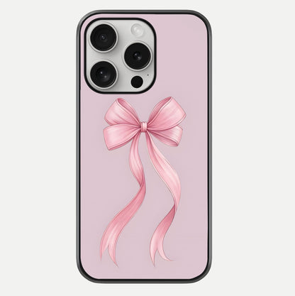 Soft Blush Bow iPhone 16 Pro glass phone case front view showcasing soft blush tones with elegant bow design