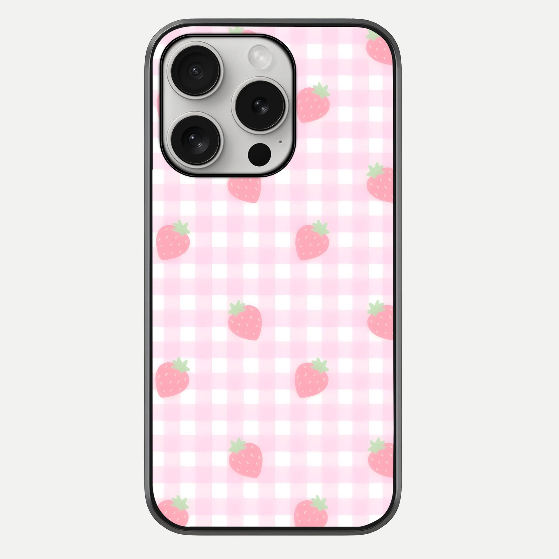 Strawberry Picnic Love iPhone 16 Pro glass phone case front view featuring cute strawberry picnic artwork with romantic vibe