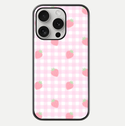 Strawberry Picnic Love iPhone 16 Pro glass phone case front view featuring cute strawberry picnic artwork with romantic vibe