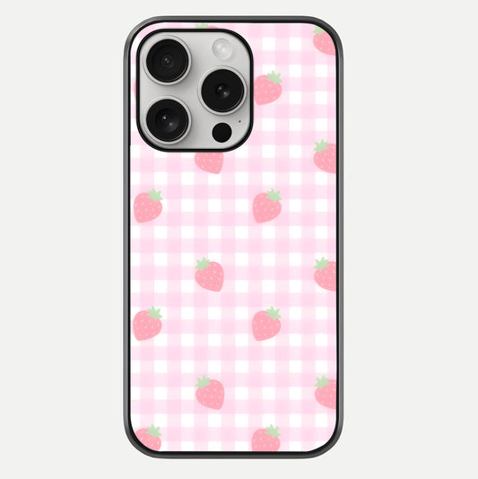 Strawberry Picnic Love iPhone 16 Pro glass phone case front view featuring cute strawberry picnic artwork with romantic vibe