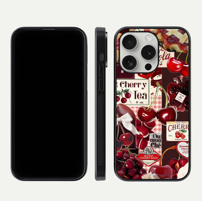 Aesthetic Cherry Tea Glass Case for iPhone 16 Pro front and back view layout showing black front display and artistic cherry-themed glass back