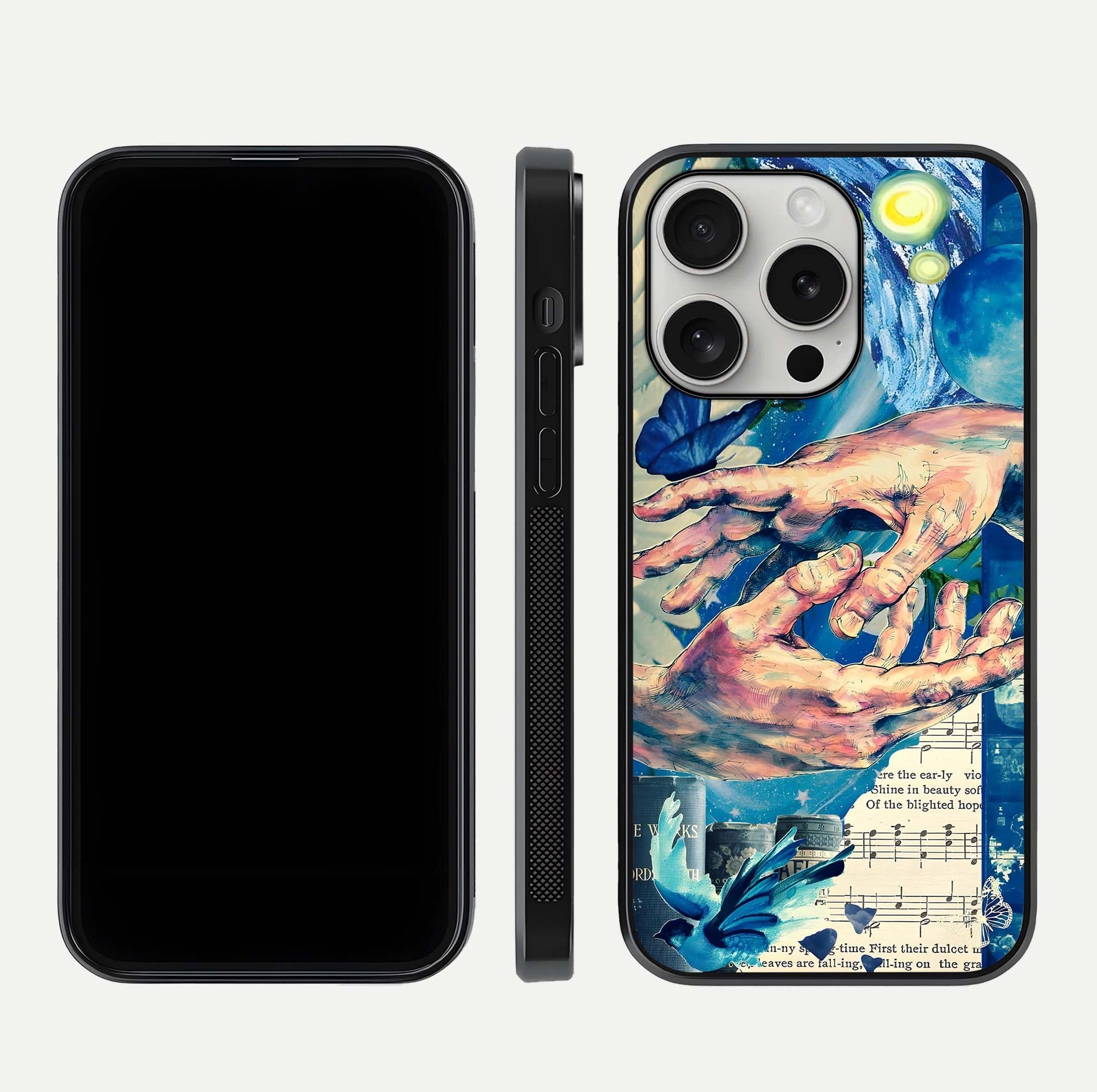 Aesthetic Divider Glass Case for iPhone 16 Pro front and back view layout showing black front display and minimal divider glass back