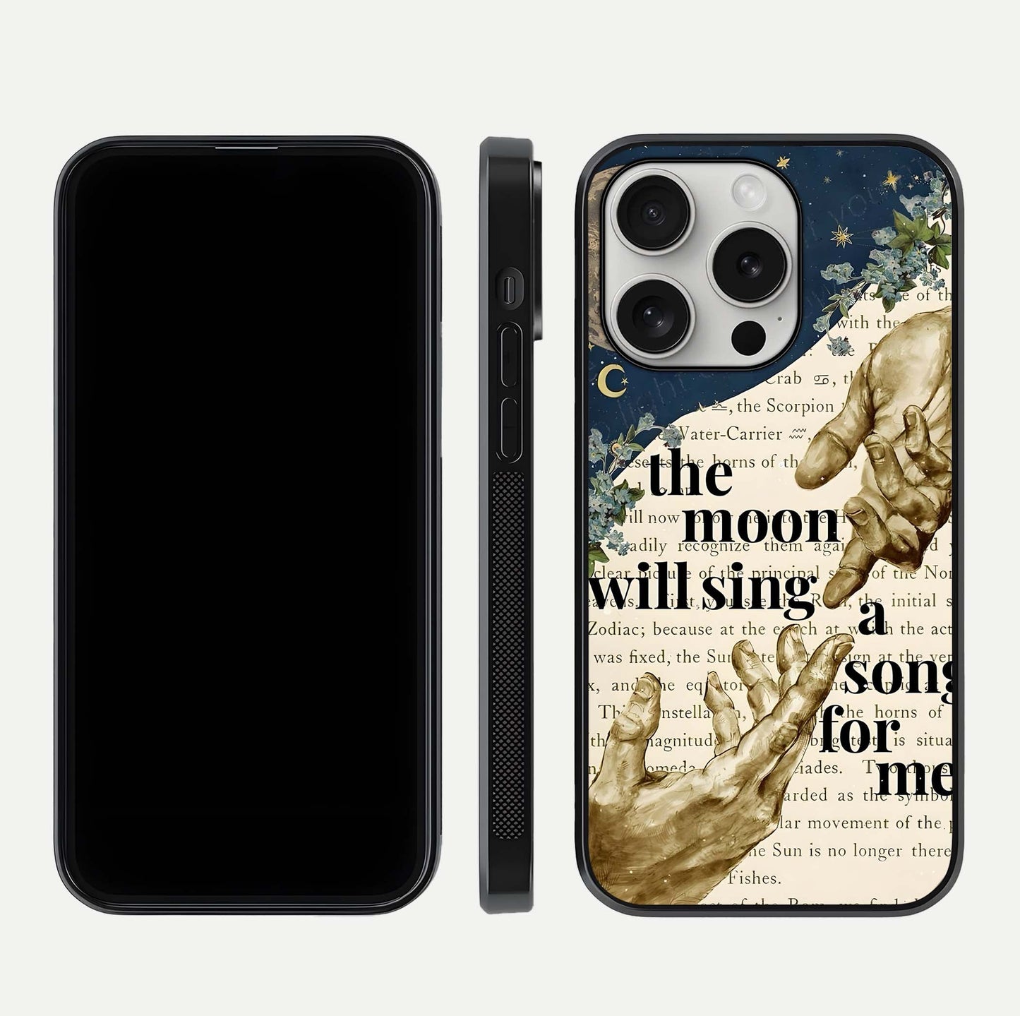 Aesthetic Divine Glass Case for iPhone 16 Pro front and back view layout showing black front display and divine art glass back