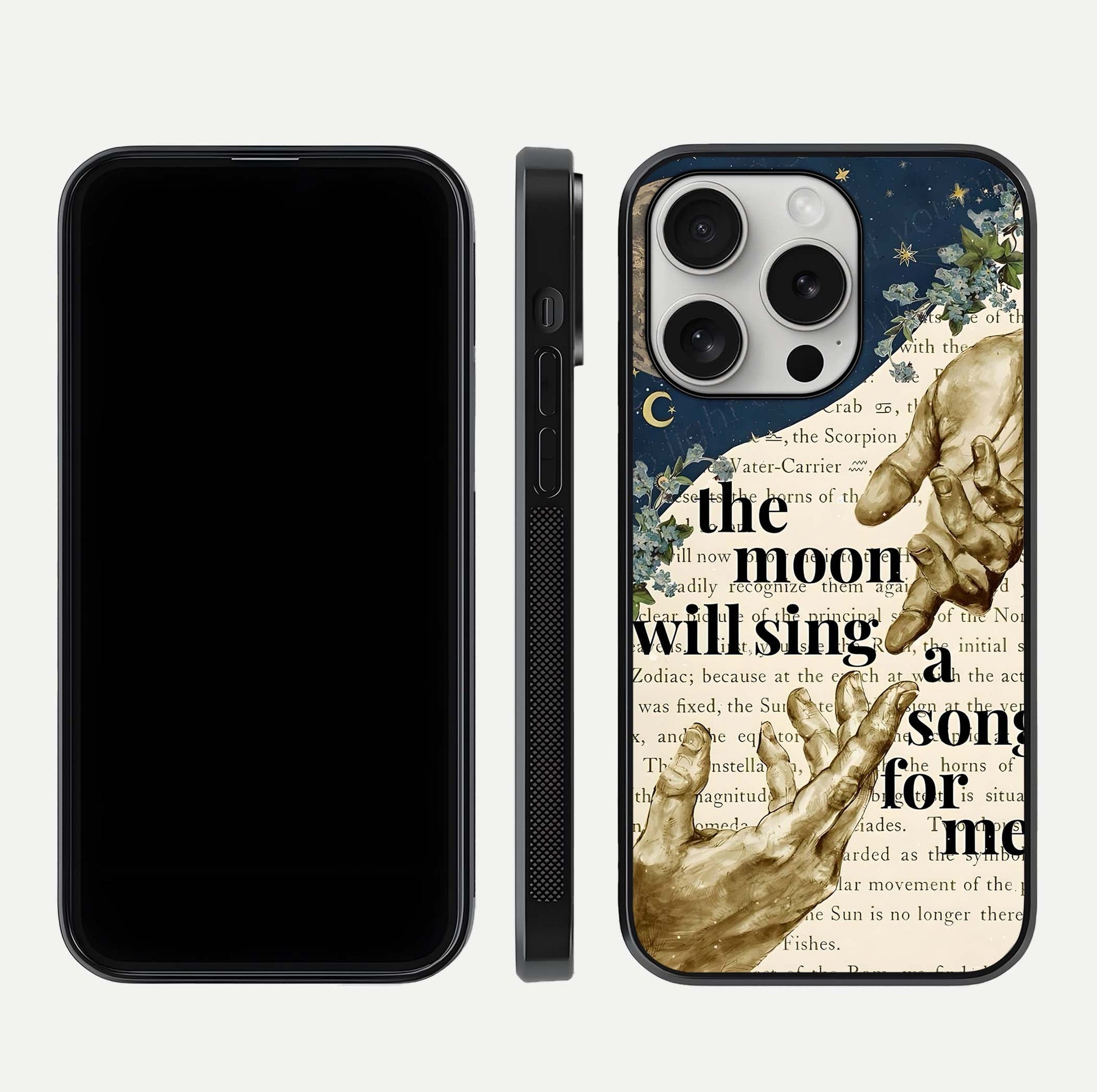 Aesthetic Divine Glass Case for iPhone 16 Pro front and back view layout showing black front display and divine art glass back