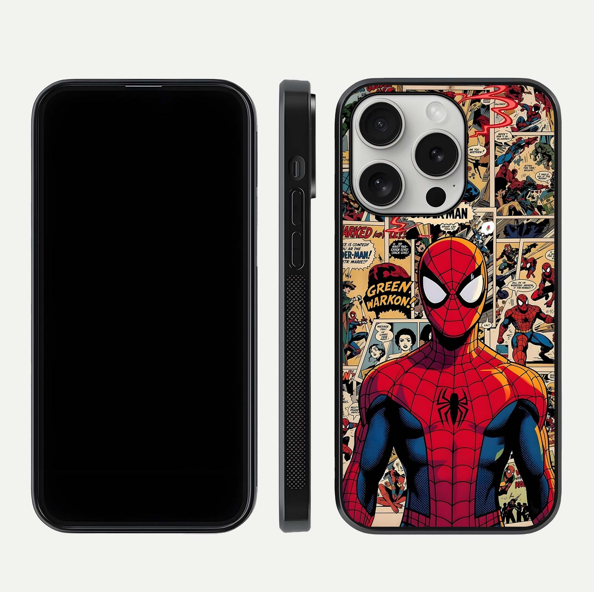 Aesthetic Spider Man Glass Case for iPhone 16 Pro front and back view layout showing black front display and Spider-Man art glass back