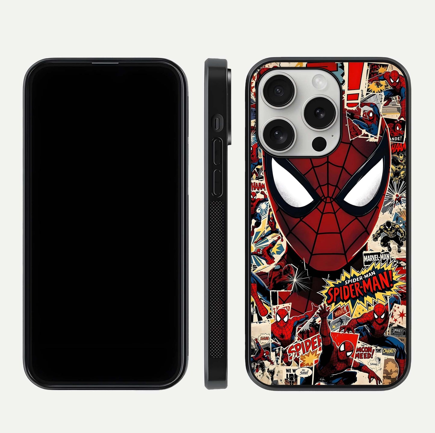 Aesthetic Wonder Spider Glass Case for iPhone 16 Pro dual-view layout showing premium glass shine and strong edge design