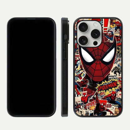 Aesthetic Wonder Spider Glass Case for iPhone 16 Pro dual-view layout showing premium glass shine and strong edge design