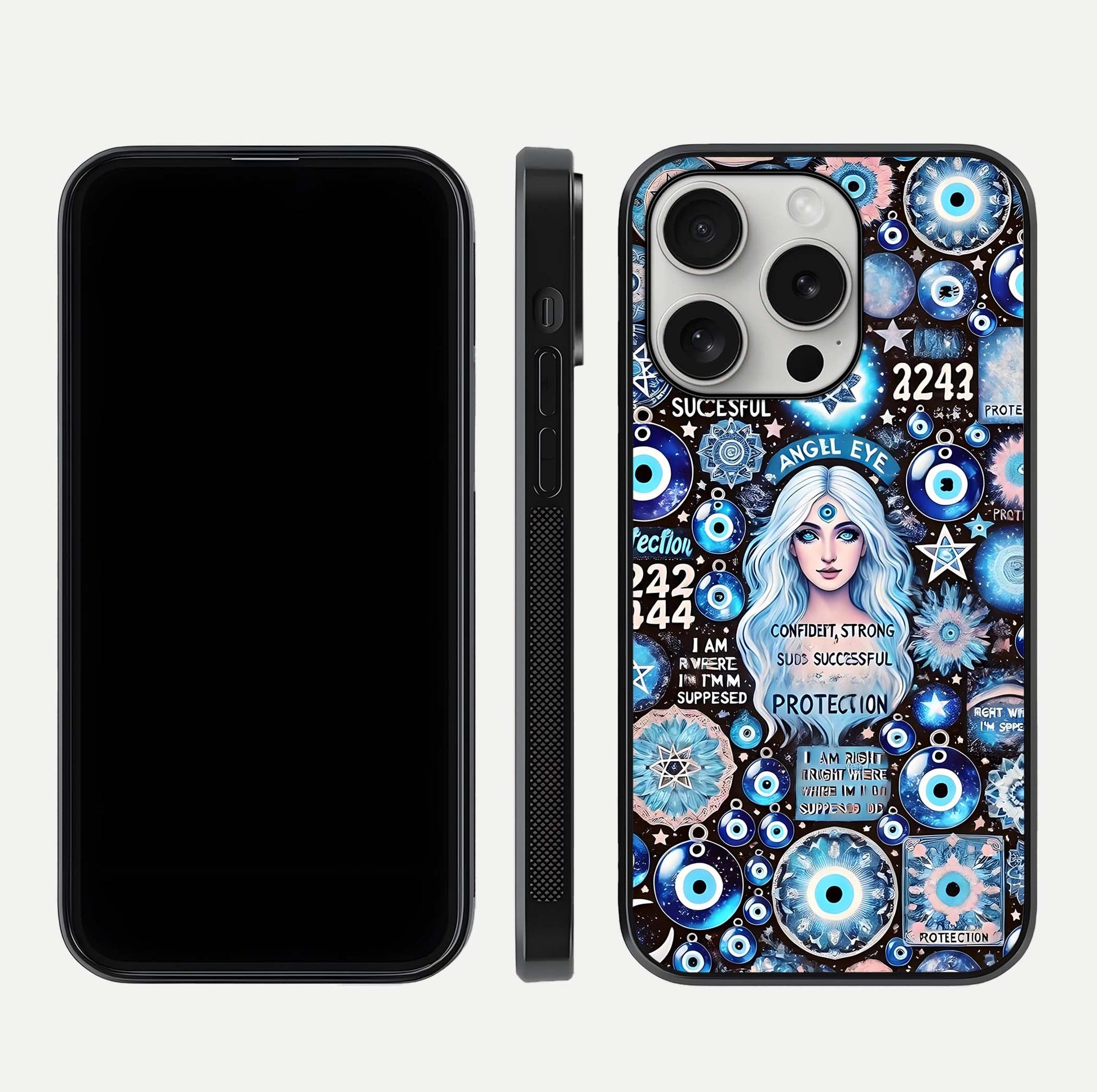 Angel Aura Shield Glass Case for iPhone 16 Pro front and back display highlighting glass clarity and spiritual design