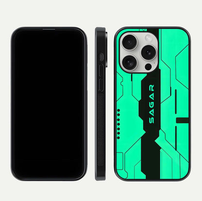 Aqua Tech CYBERPUNK Custom Name Glass Case for iPhone 16 Pro front and back display showing sleek tech pattern and shine