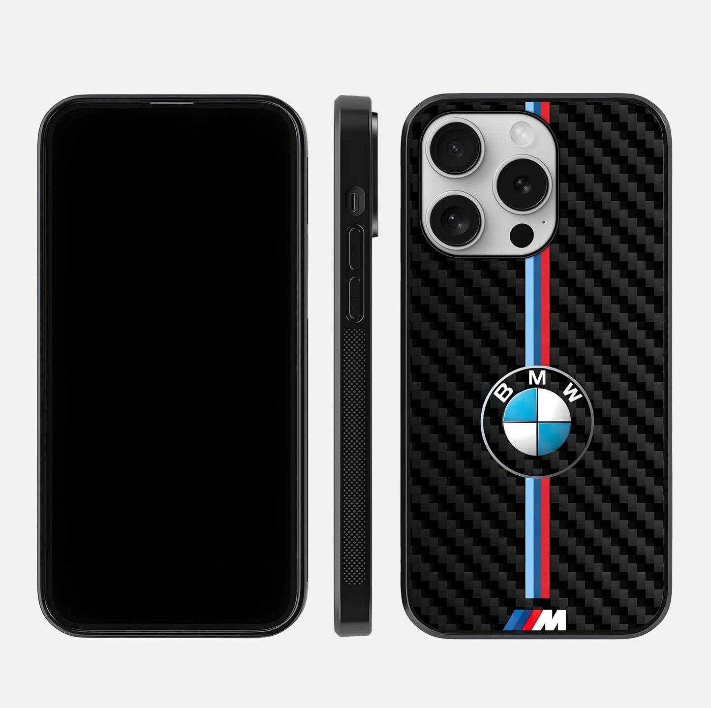 BMW Pattern Glass Case for iPhone 16 Pro front-and-back layout displaying car-themed art and premium glass gloss