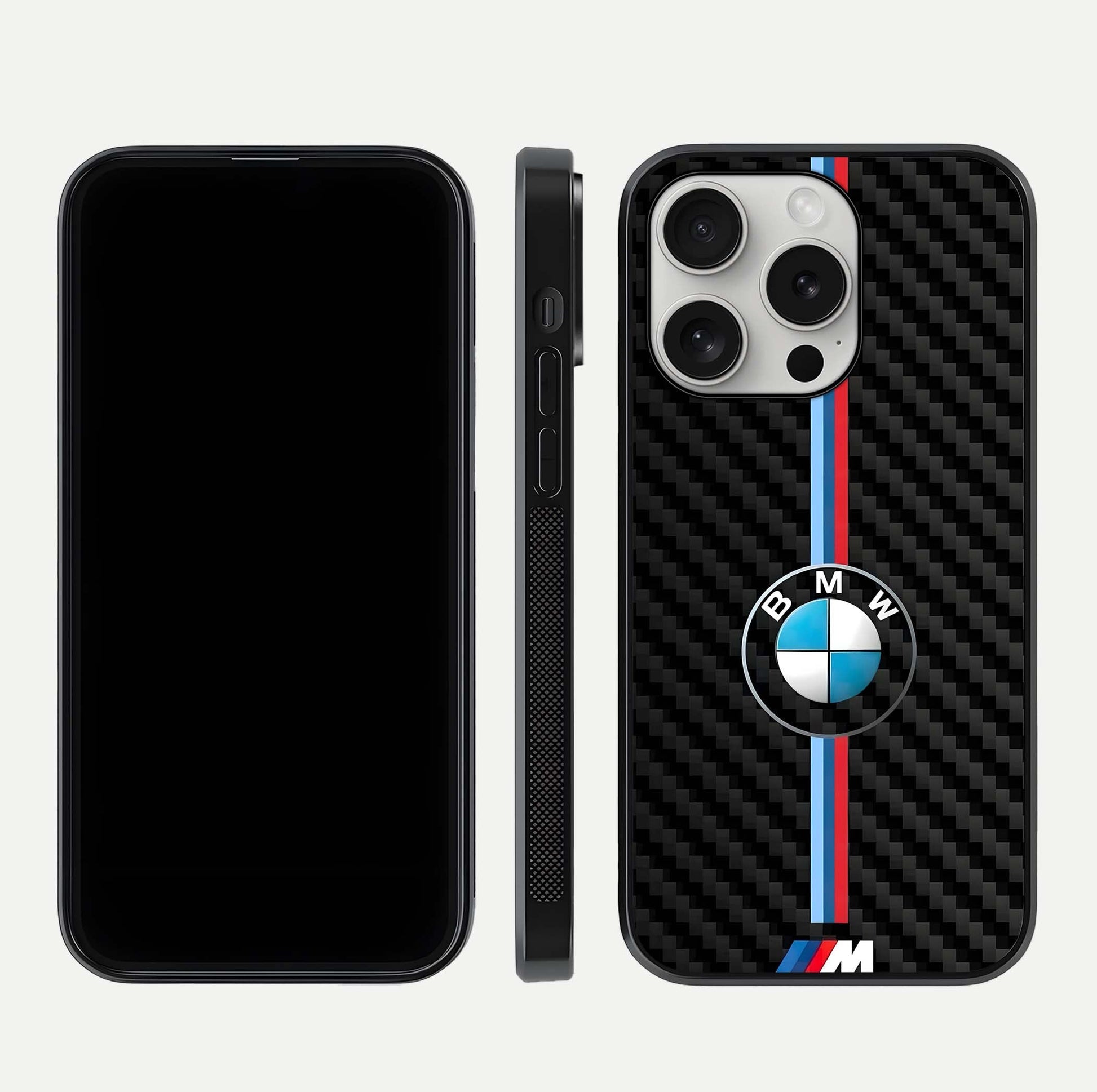 BMW Pattern Glass Case for iPhone 16 Pro front-and-back layout displaying car-themed art and premium glass gloss