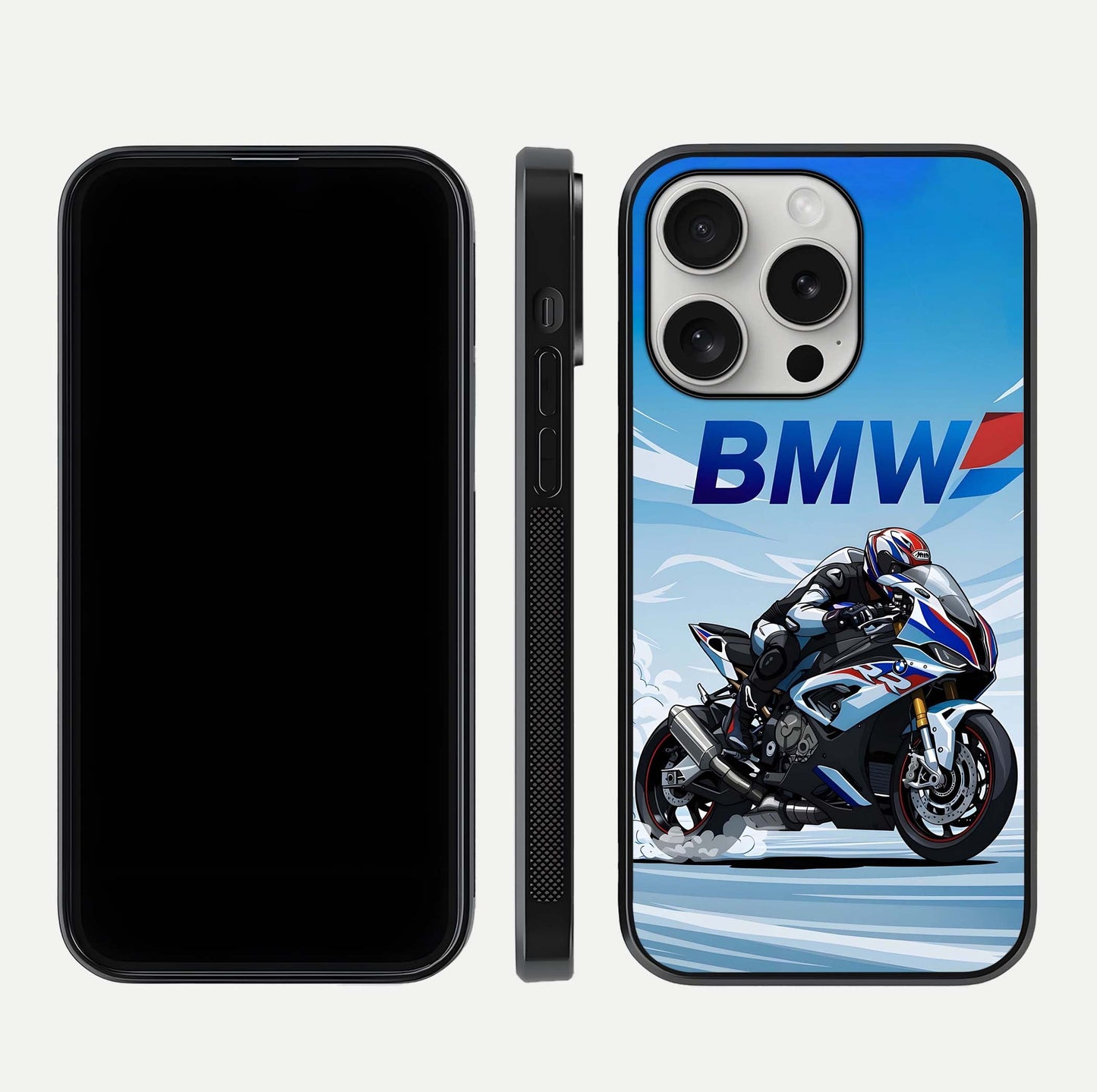 BMW Power Drift Glass Case for iPhone 16 Pro dual-view layout showing energy pattern and edge clarity