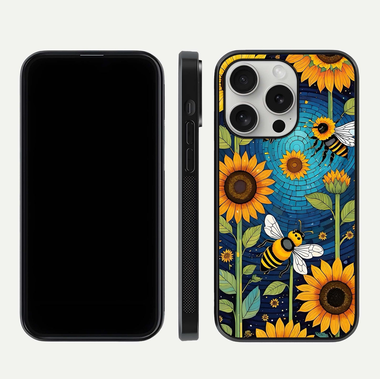 Bees & Sunflowers Glass Case for iPhone 16 Pro front-and-back layout highlighting nature-inspired artwork and protective edge